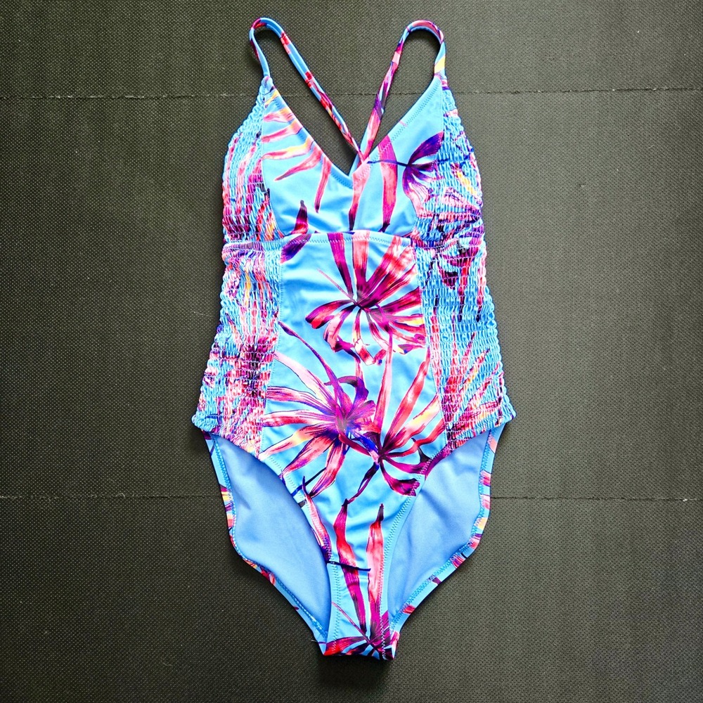 Jessica Simpson Lilac Multi Tropical Smocked One Piece Swimsuit SSPD20801 Size S